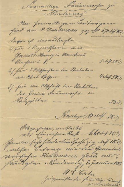 Der erste Kassenbericht vom 3. Januar 1885