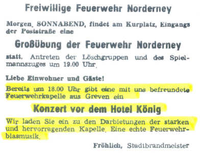 Befreundete Feuerwehrkapelle Greven gibt ein Konzert vor dem Hotel König - 27.06.1992