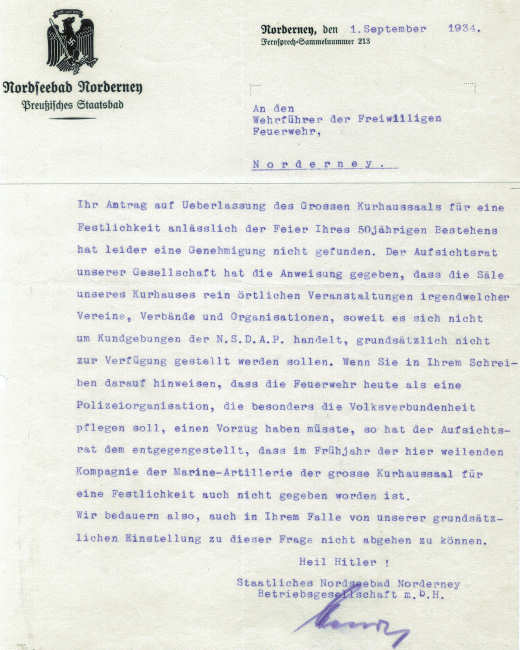 Briefwechsel mit dem Preußischen Staatsbad 1934
