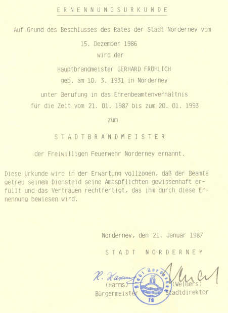 2. Amtszeit von Wehrführer Gerhard Fröhlich - 18.11.1986