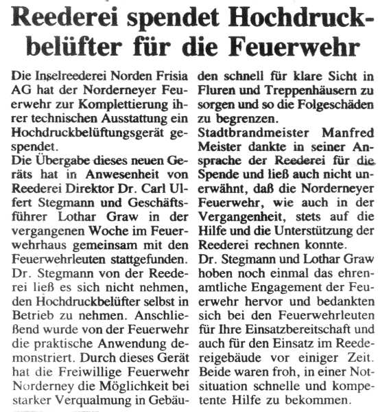 Neuer Hochdruckbelüfter für die Wehr - 15.11.1996