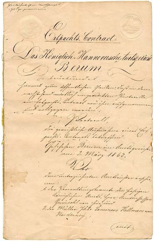 Original "Erbpachts-Contract" vom 2. März 1863.